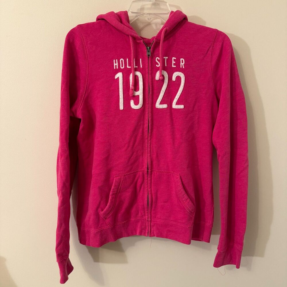 Vintage Hollister Womens Full Zip Hoodie Pink Sweatshirt 1922 Graphic Large Y2K